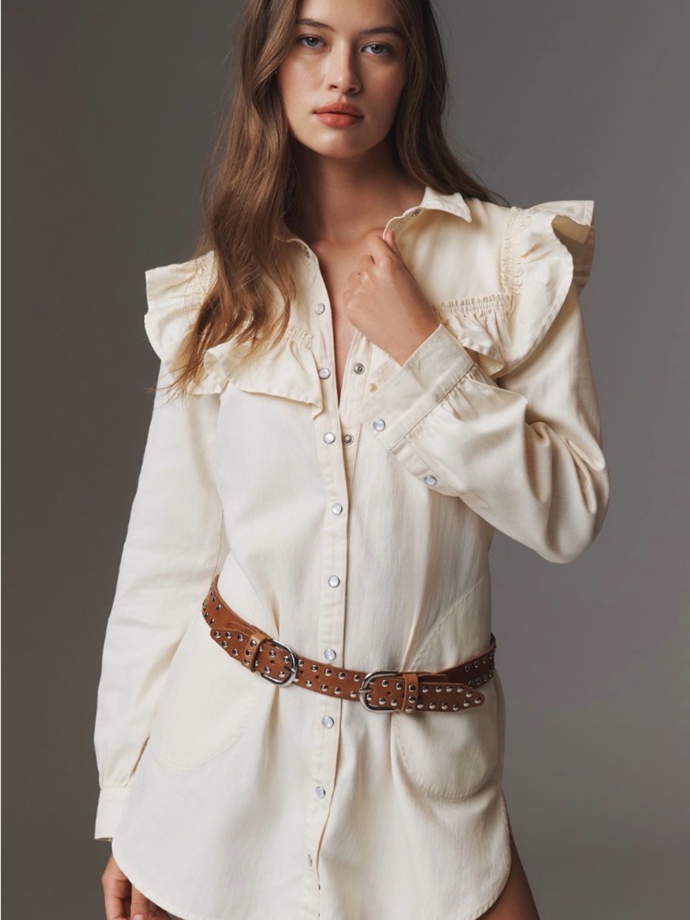 Pilcro Anthropologie Ruffle-Shoulder Pearl Button-Front Denim Shirtdress